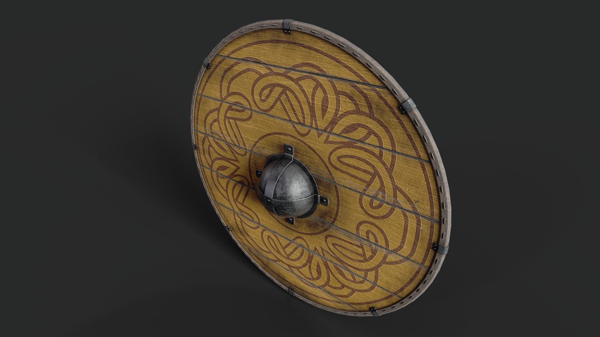 Slavic round wooden shield-painted yellow with nordic symbol Low-poly 3D model_5