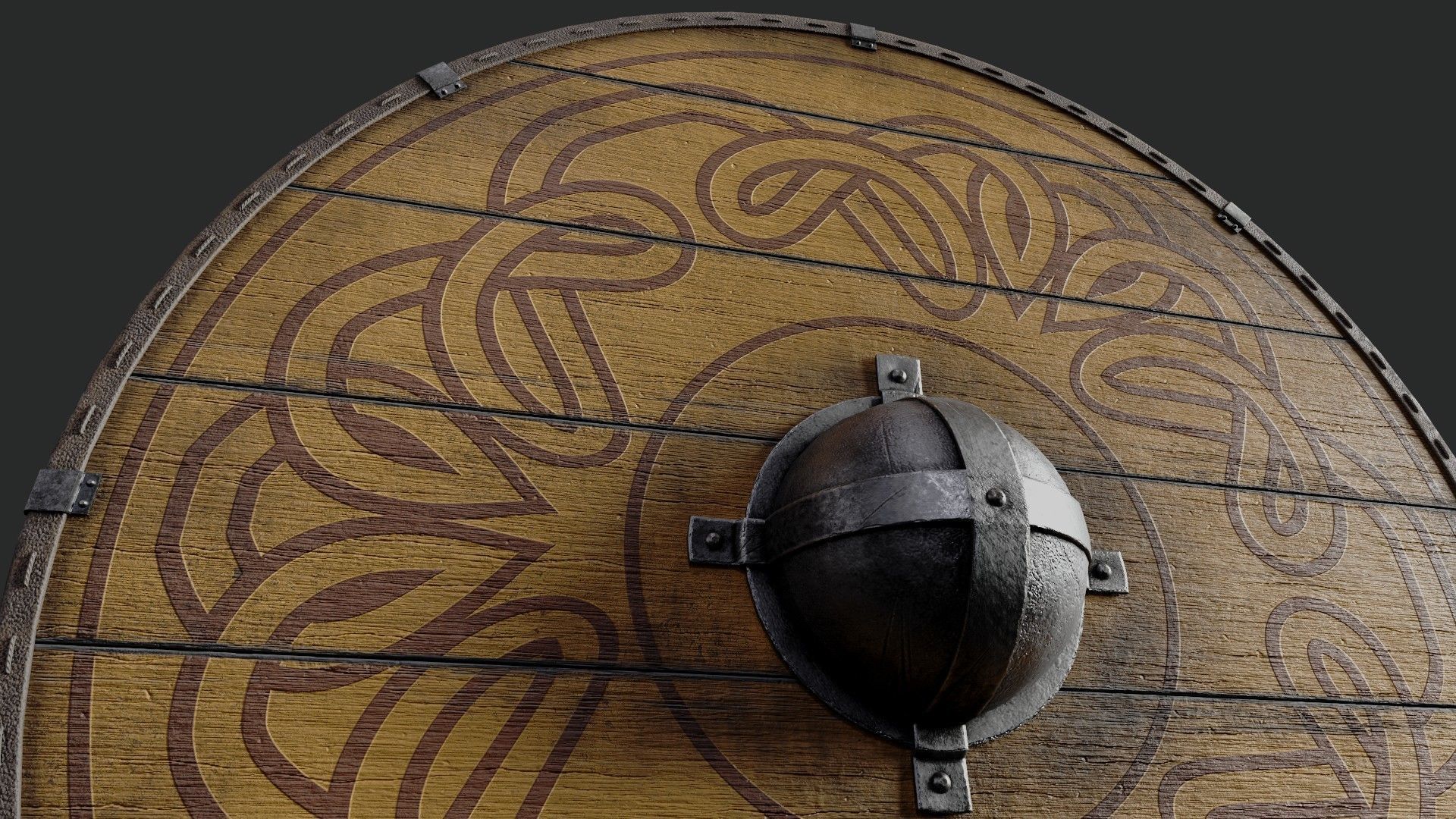 Slavic round wooden shield-painted yellow with nordic symbol Low-poly 3D model_4
