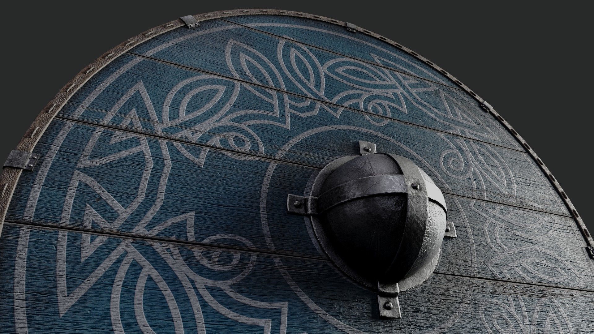 Slavic round wooden shield-painted blue with nordic symbol Low-poly 3D model_4
