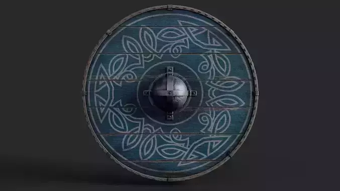 Slavic round wooden shield-painted blue with nordic symbol Low-poly 3D model