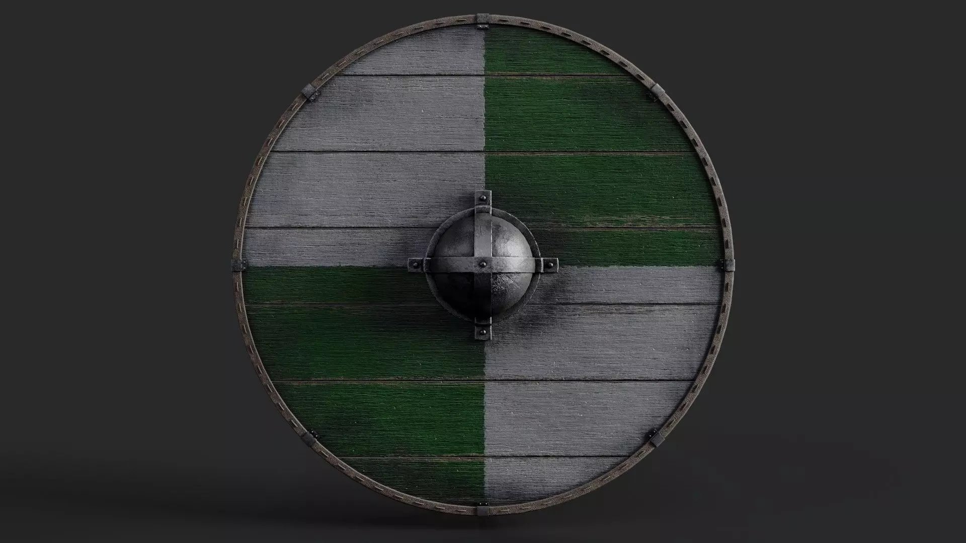 Slavic round wooden shield-painted green and white Low-poly 3D model_0