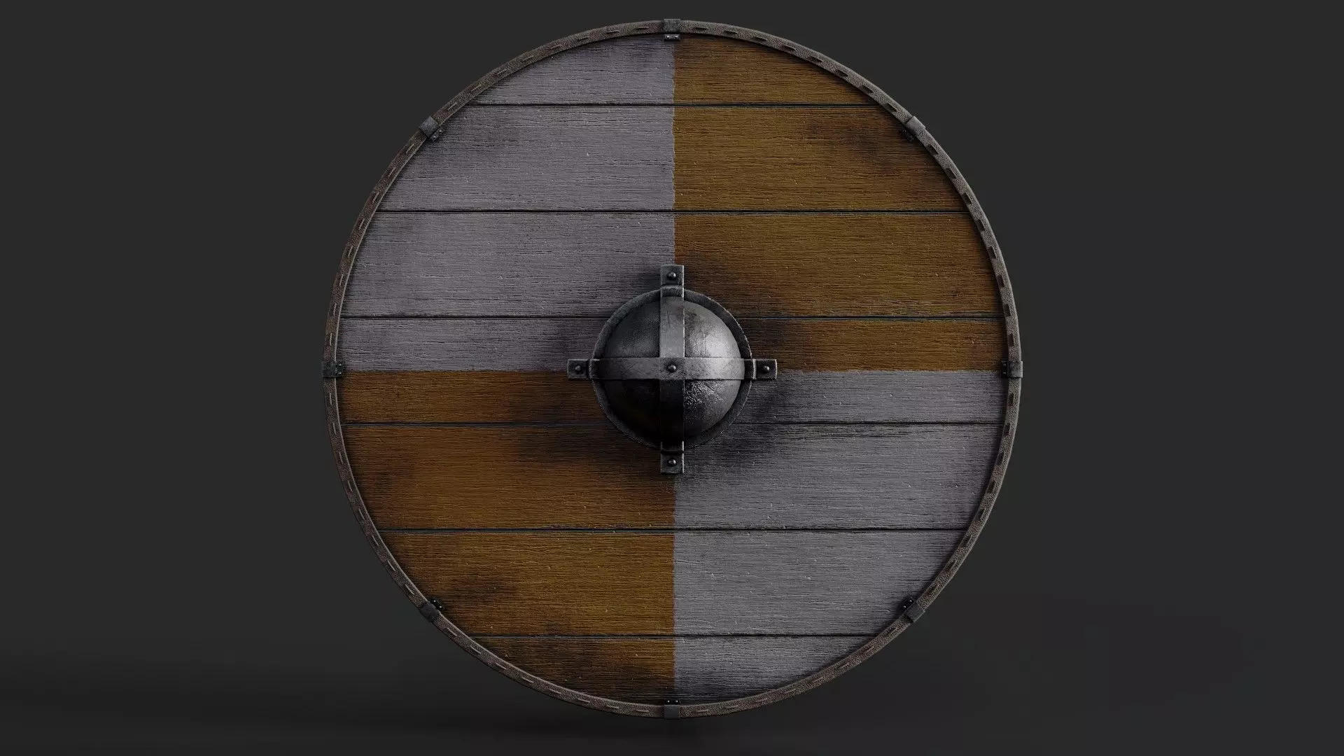Slavic round wooden shield-painted orange and white Low-poly 3D model_0