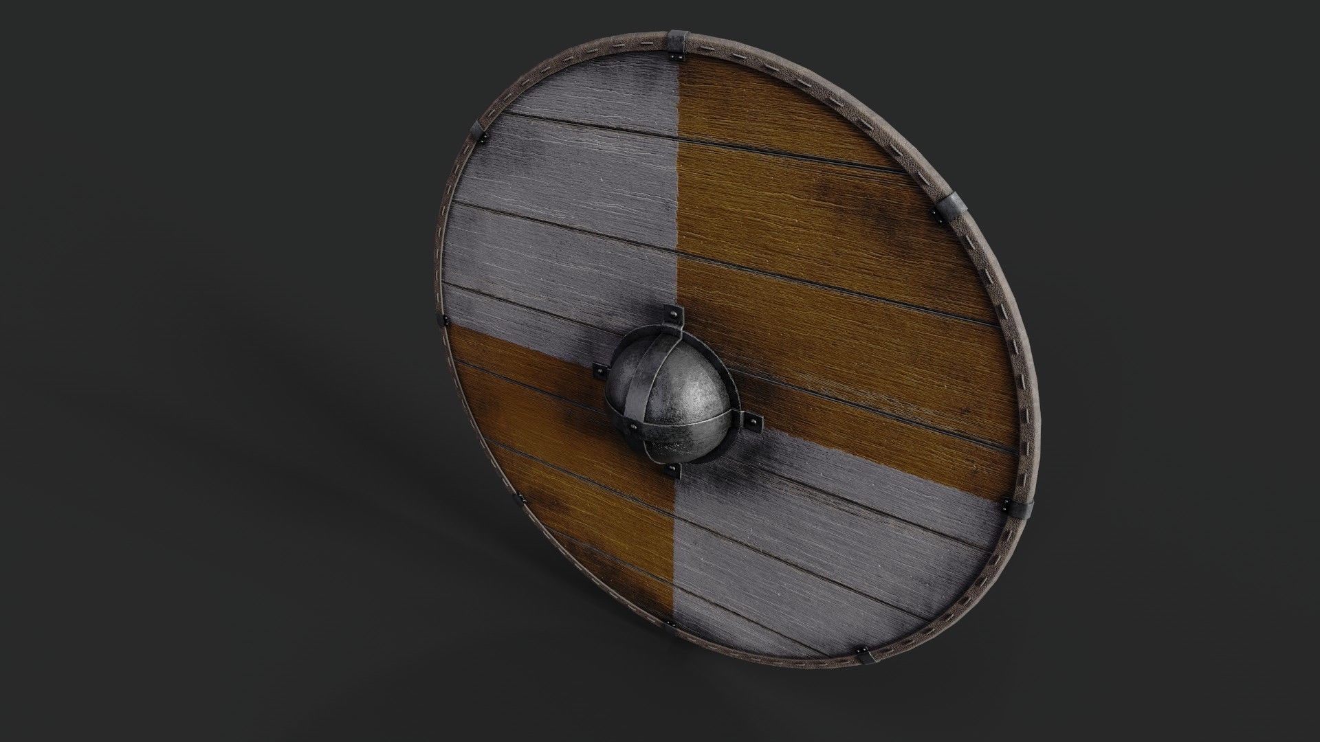 Slavic round wooden shield-painted orange and white Low-poly 3D model_5