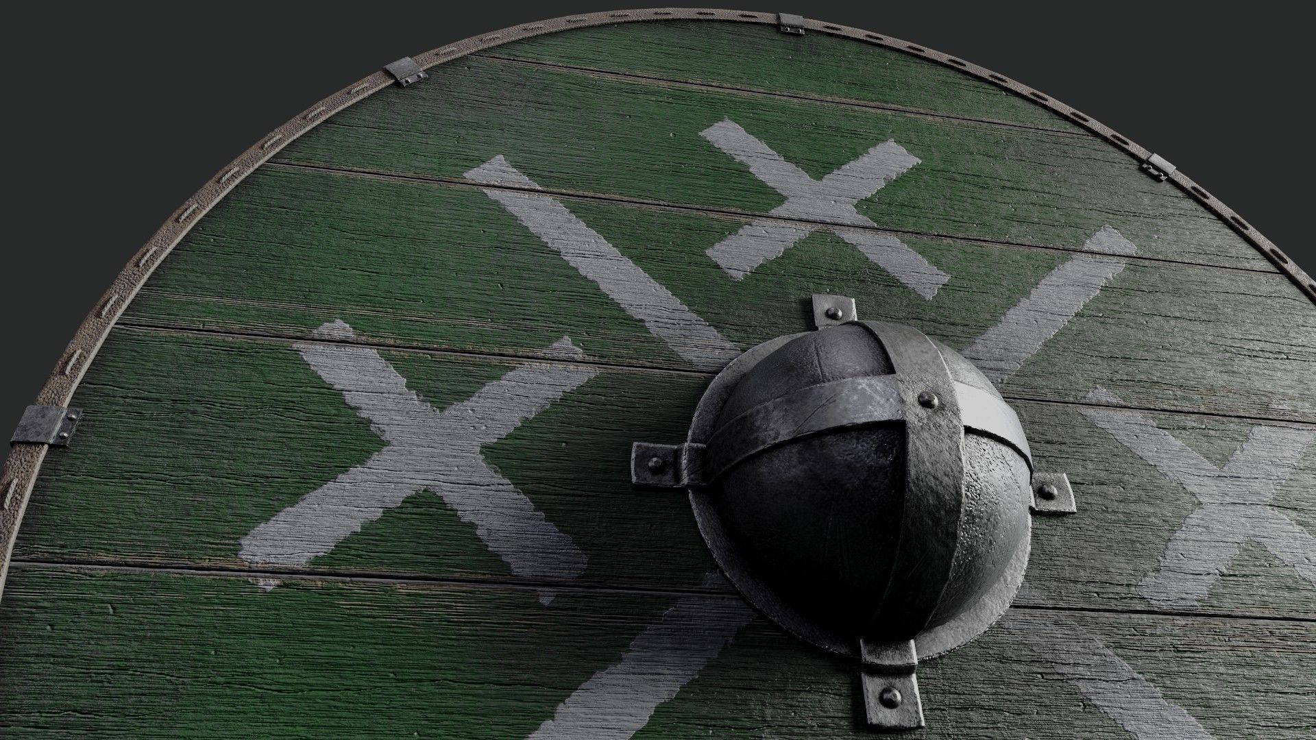 Slavic round wooden shield-painted green with crosses symbol Low-poly 3D model_4