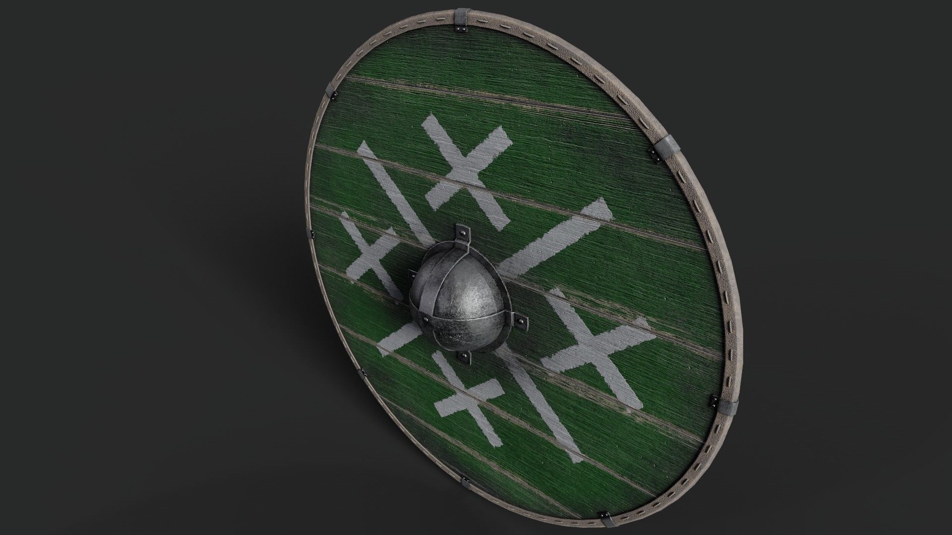 Slavic round wooden shield-painted green with crosses symbol Low-poly 3D model_5