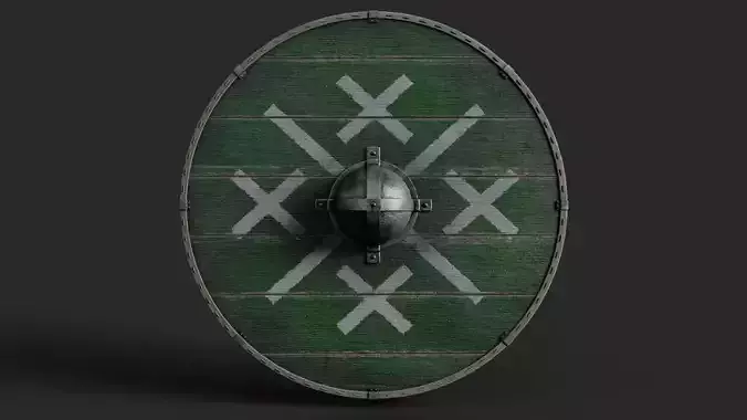 Slavic round wooden shield-painted green with crosses symbol Low-poly 3D model