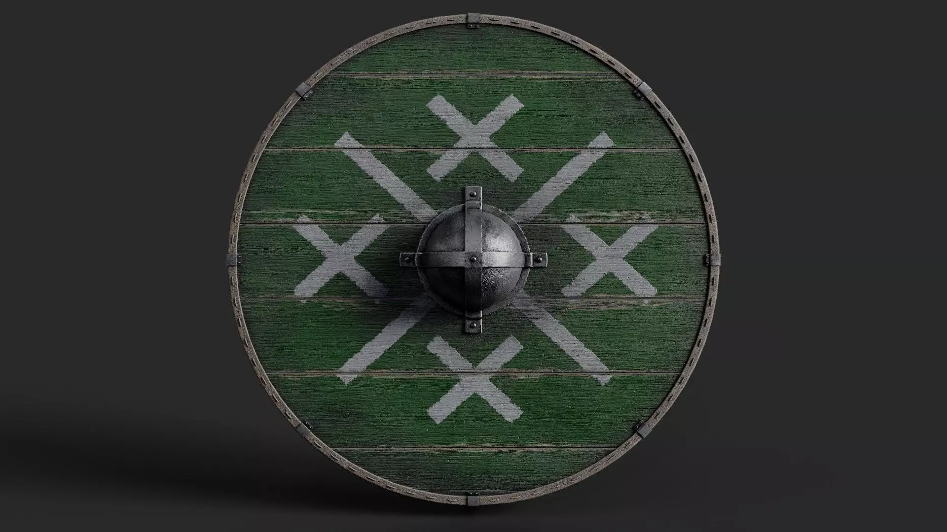 Slavic round wooden shield-painted green with crosses symbol Low-poly 3D model_0