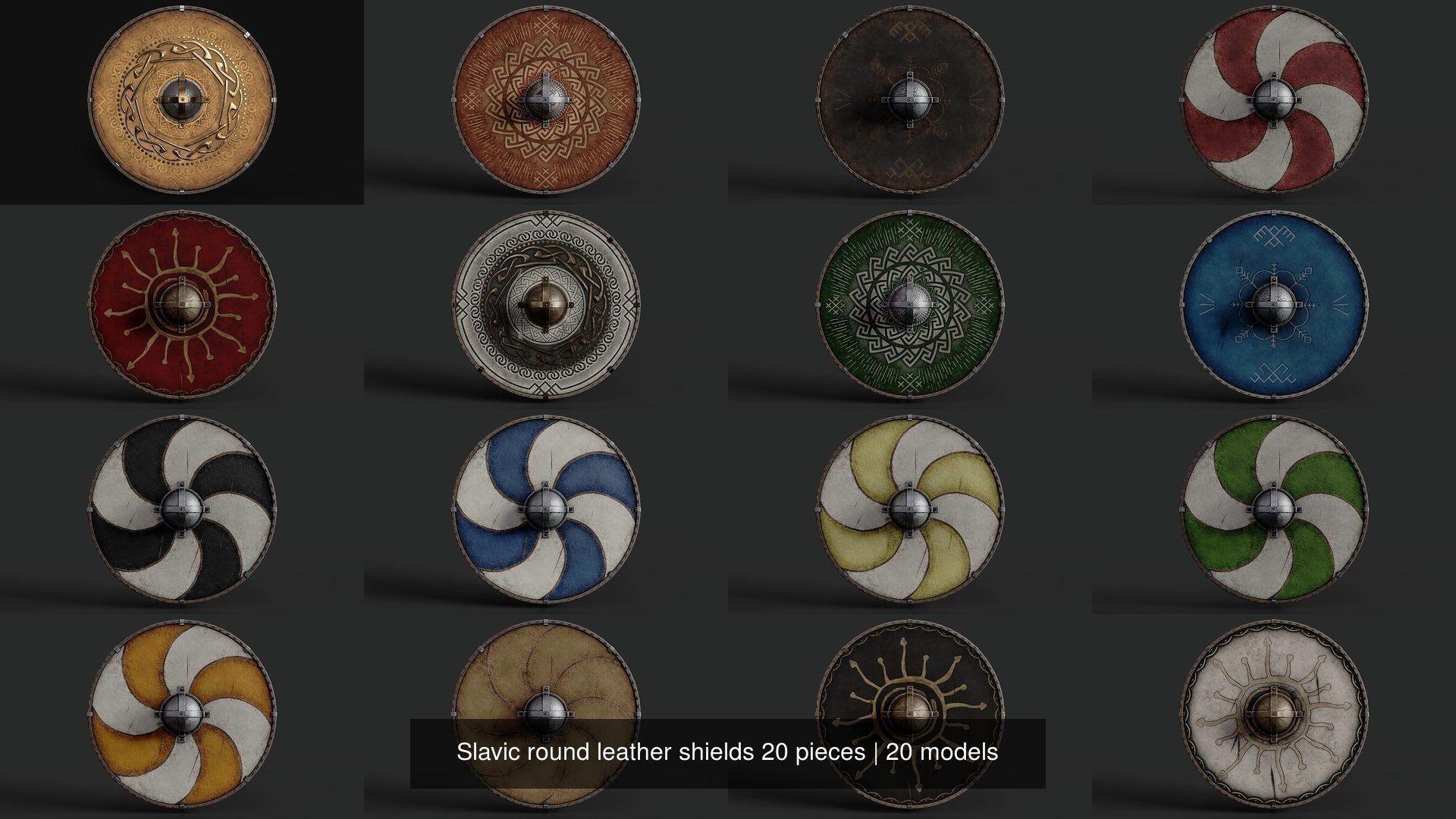 Slavic round leather shields 20 pieces 3D Model Collection_2
