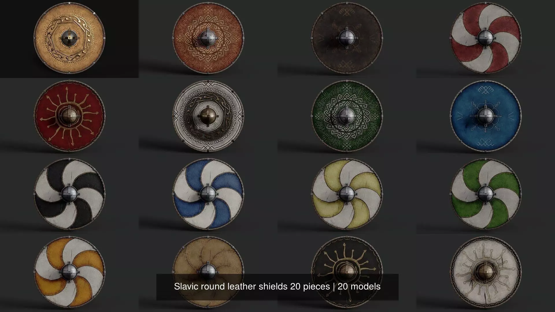 Slavic round leather shields 20 pieces 3D Model Collection_1