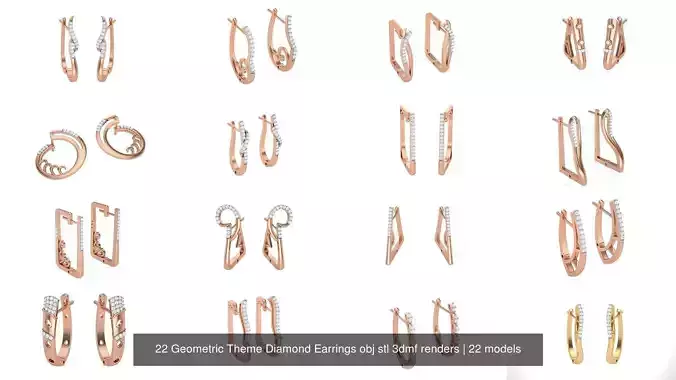 22 Geometric Theme Diamond Earrings obj stl 3dmf renders
