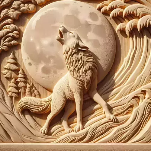 bass relief of Wolf howling at moon