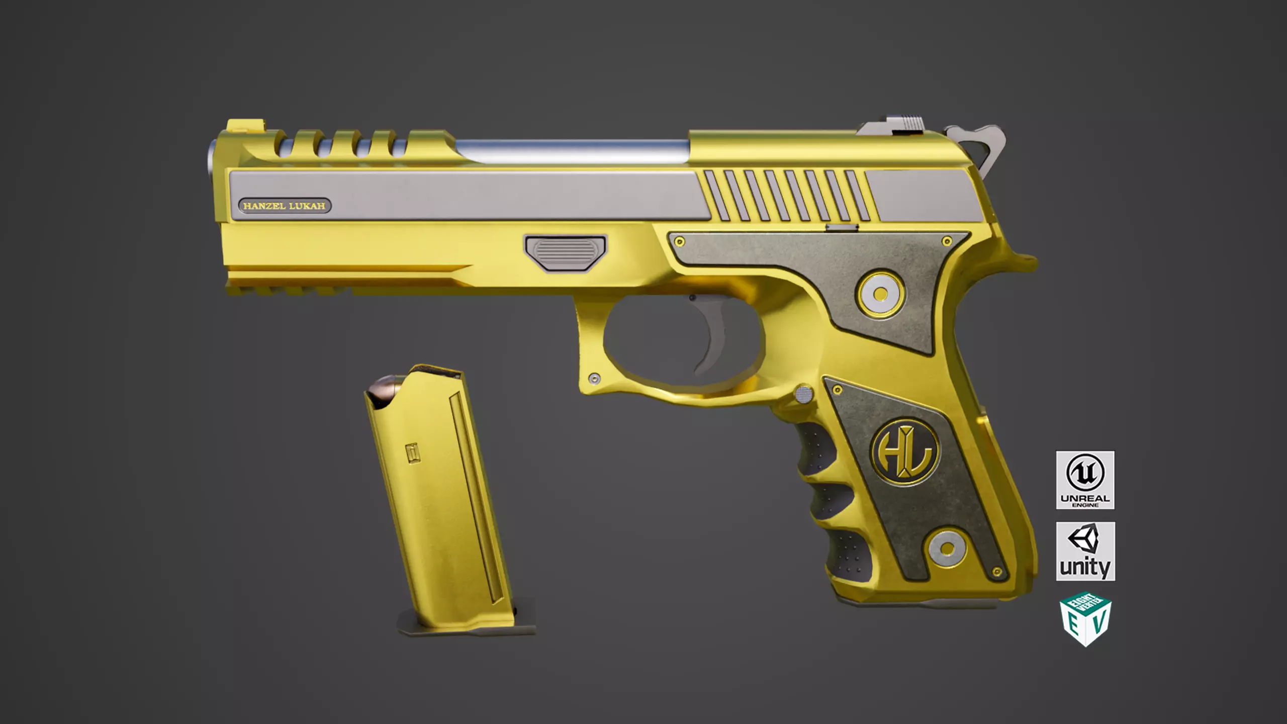 Golden Pistol 02 All PBR Unity UE Textures Included Low-poly 3D model_0