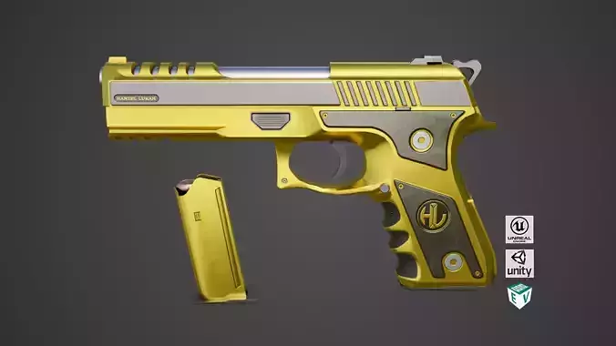 Golden Pistol 02 All PBR Unity UE Textures Included Low-poly 3D model