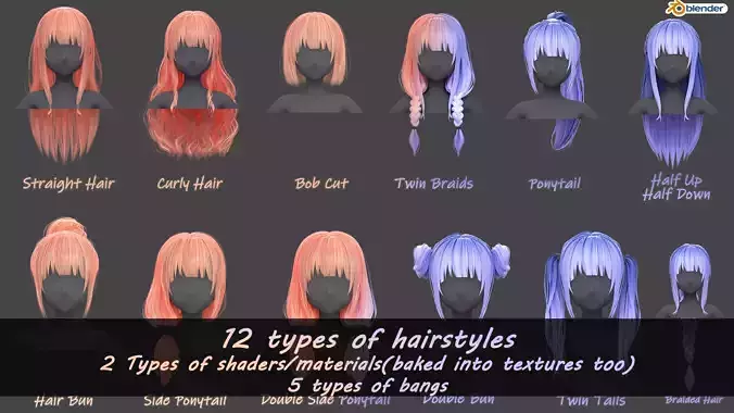 Poly Hairstyle pack-12 types of Hairstyles-obj-fbx-blend files Low-poly 3D model
