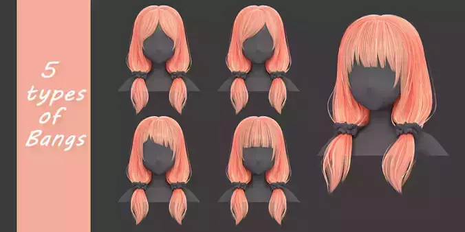 5 types of bangs-poly hairstyle Low-poly 3D model