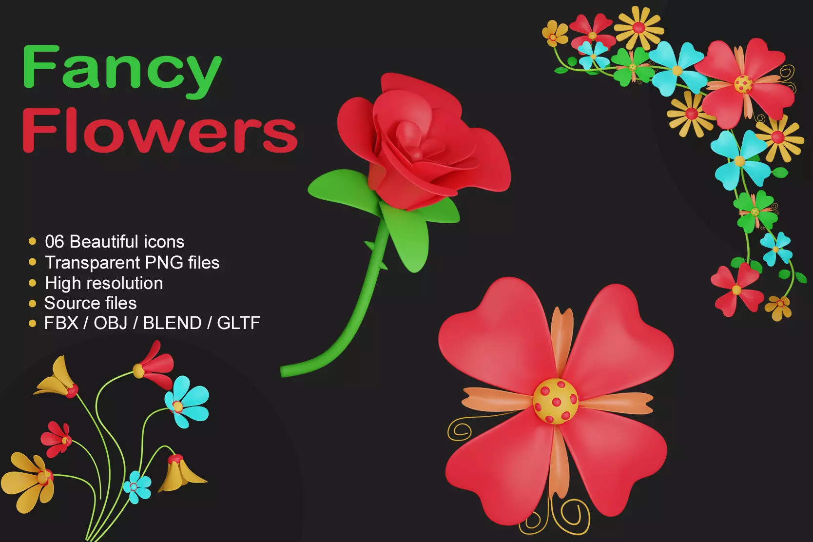 Fancy flowers 3D icon bundle 3D model_0