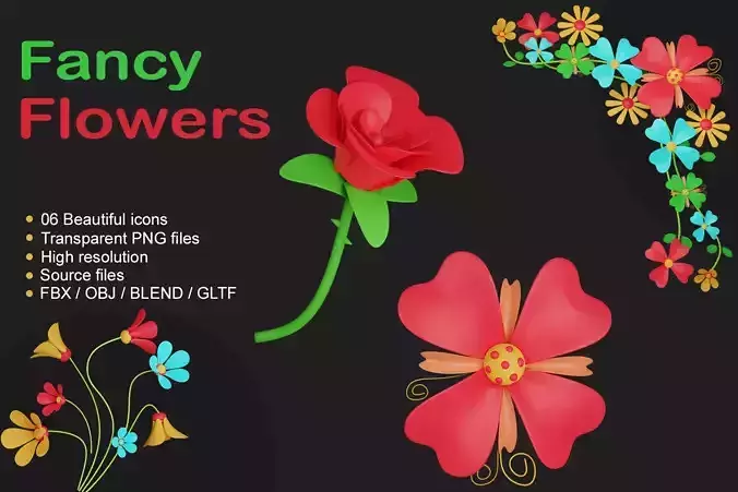 Fancy flowers 3D icon bundle