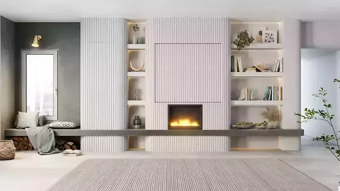 Modern Minimalist Living Room Interior Fireplace TV Wall Shelves 3D model