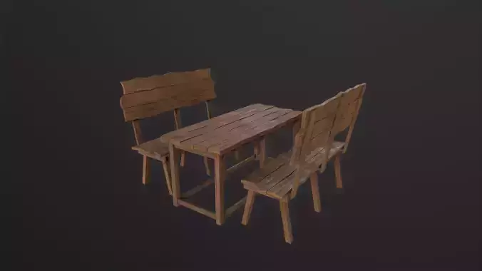 Wooden Table With Bench 3D Model
