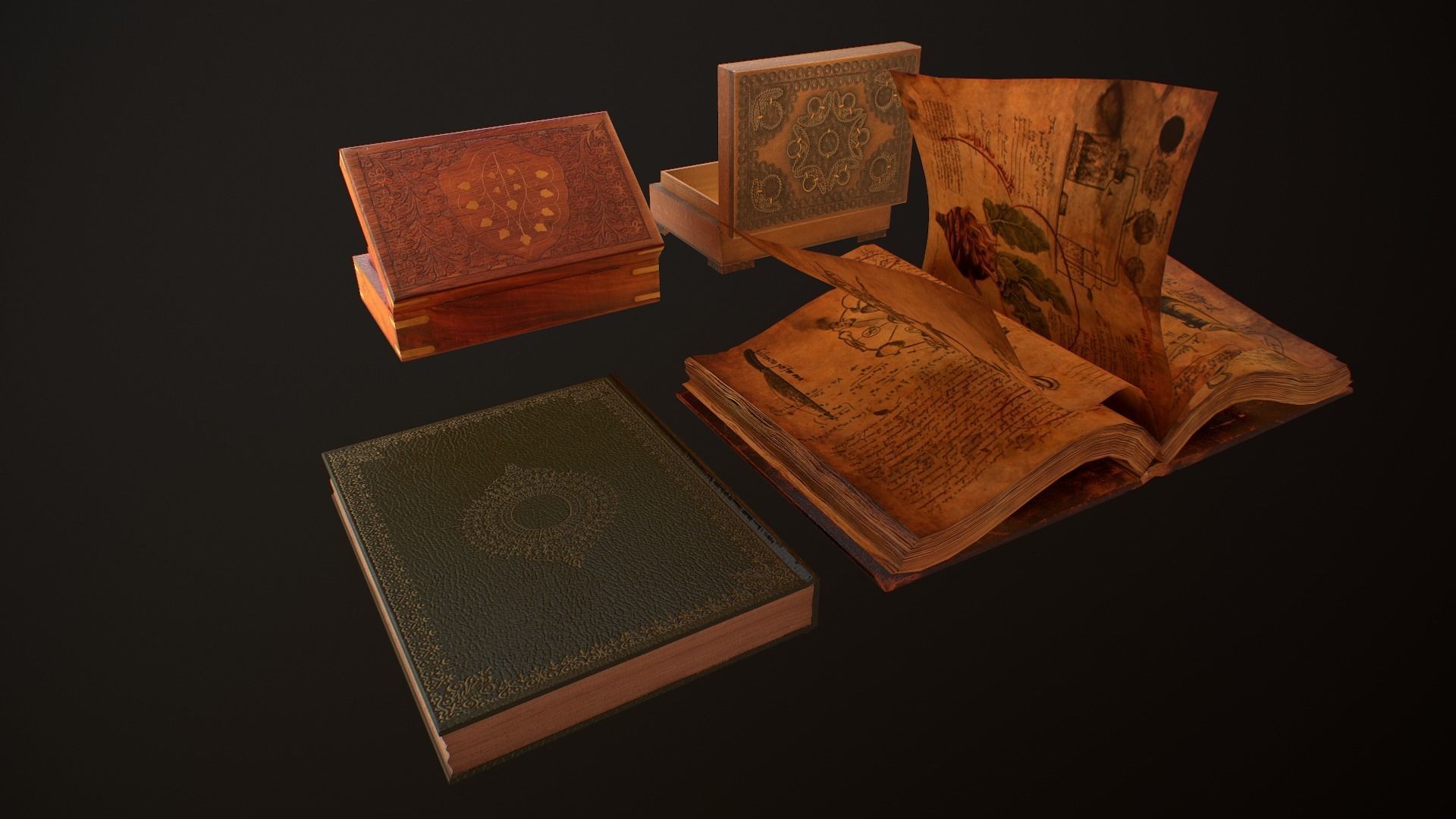Old Books and Boxes Low-poly 3D model_7