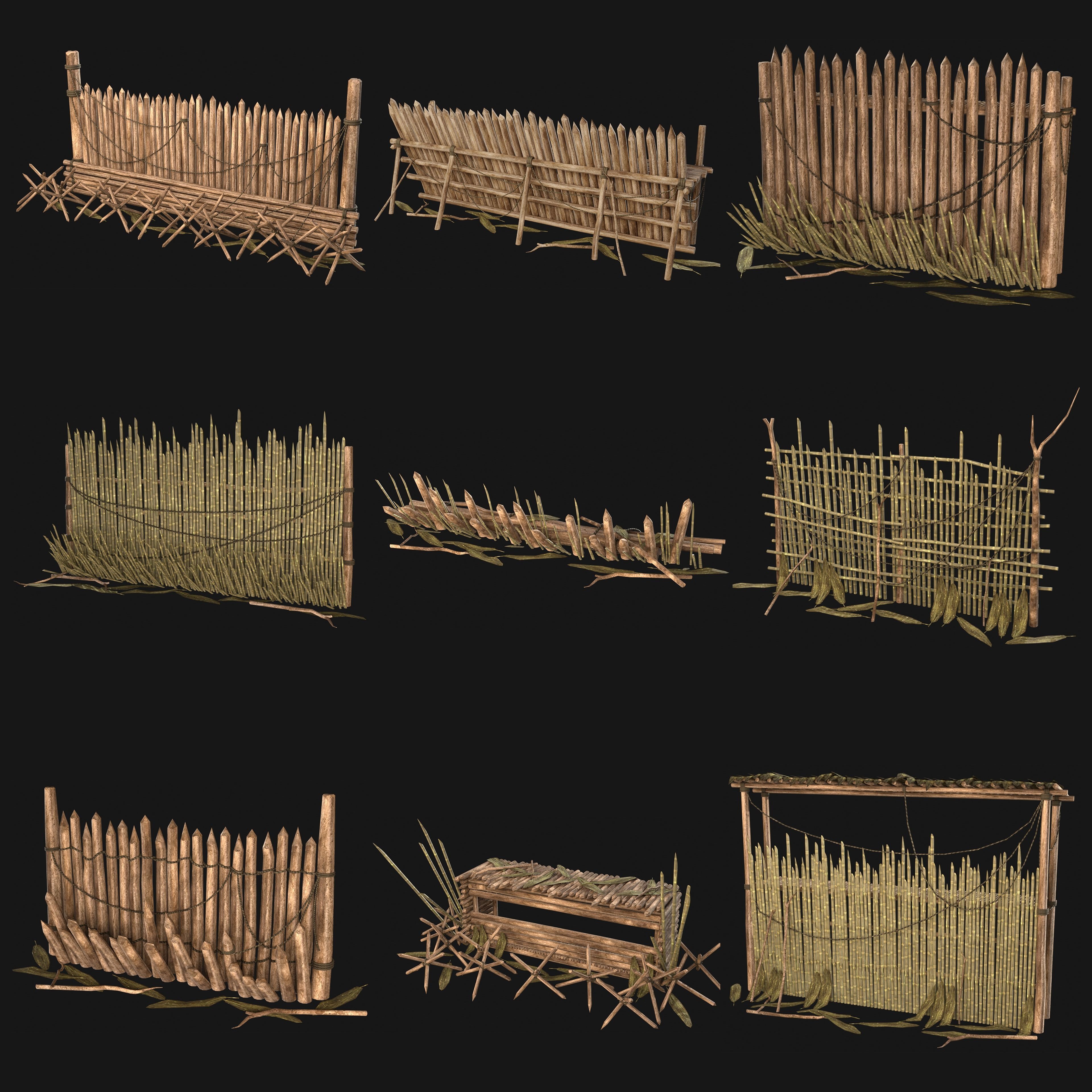 JUNGLE SWAMP PALISADE TRAP WALLS BARRIER BARRICADE COLLECTION Low-poly 3D model_37