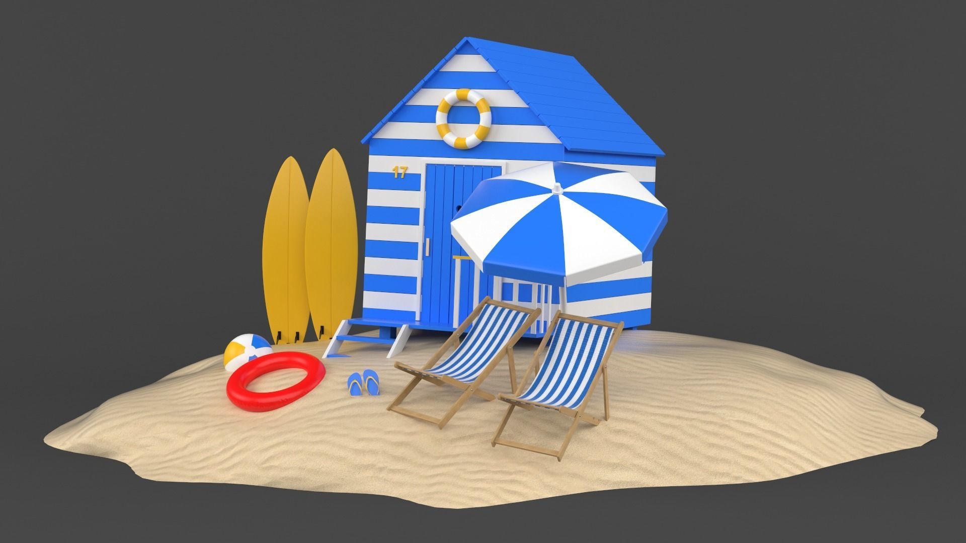 Beach Umbrella and Chair 3D model_2