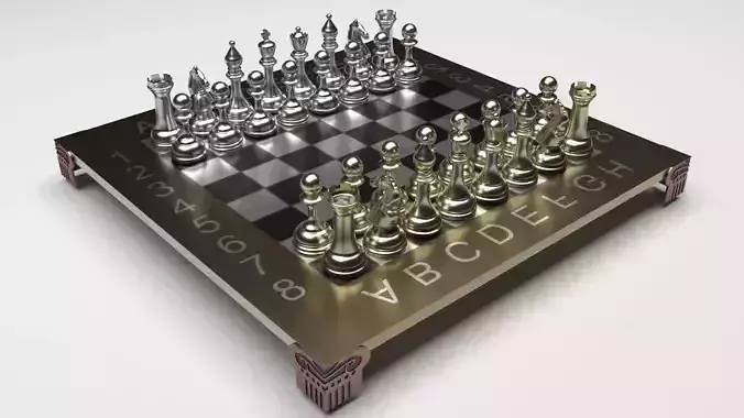 Metallic Chess Figures On Metallic Chess Board