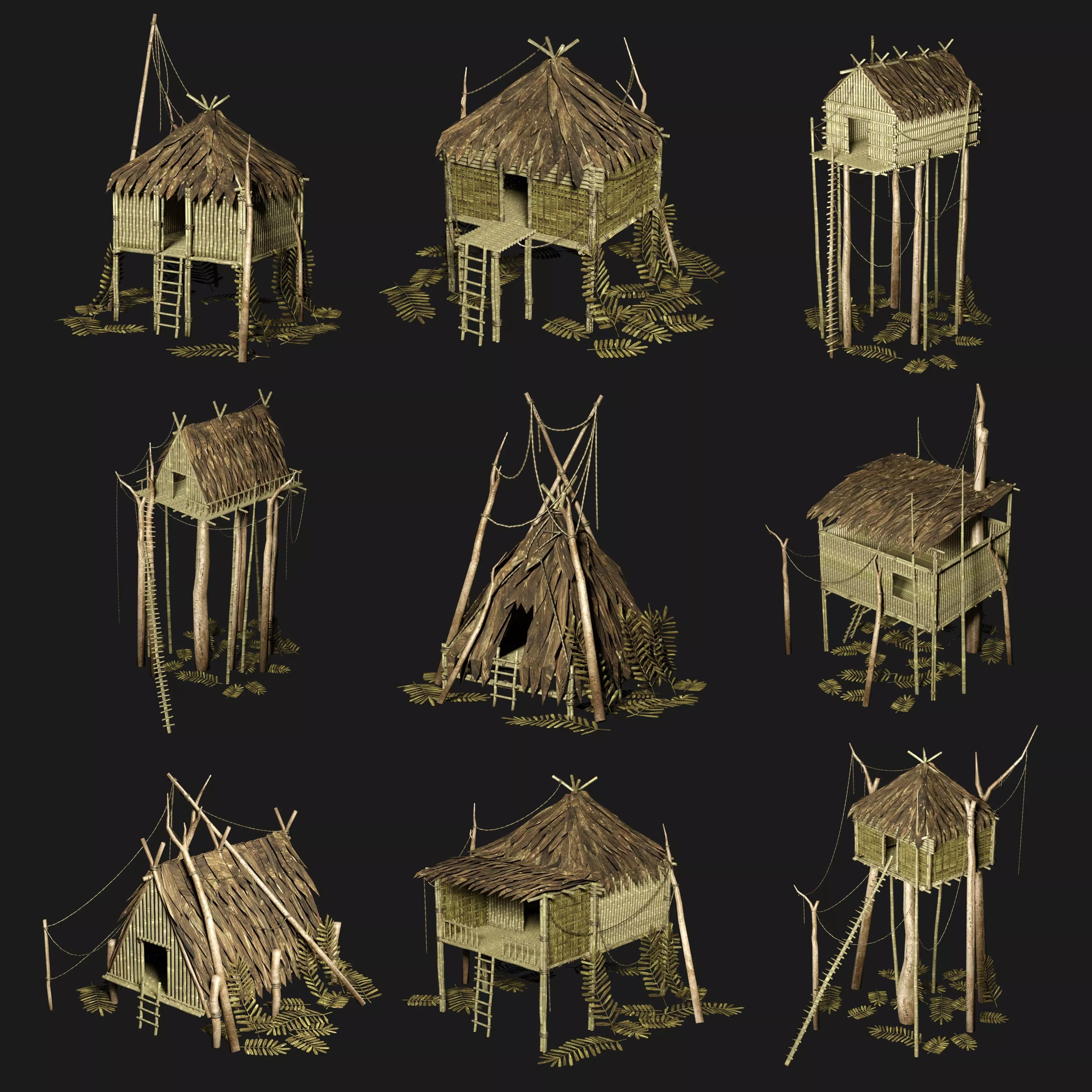 JUNGLE SWAMP STILT HUT SHELTER COTTAGE AAA COLLECTION Low-poly 3D model_0