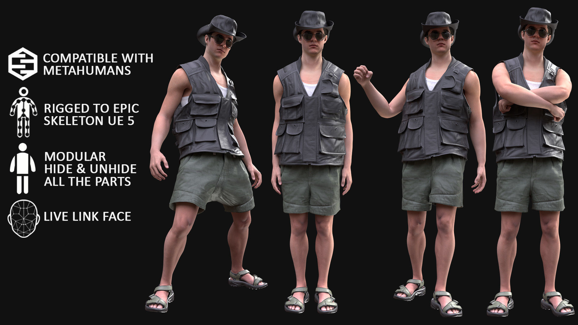 Man - Summer Outfit 13 - Modular - Rigged Low-poly 3D model_3