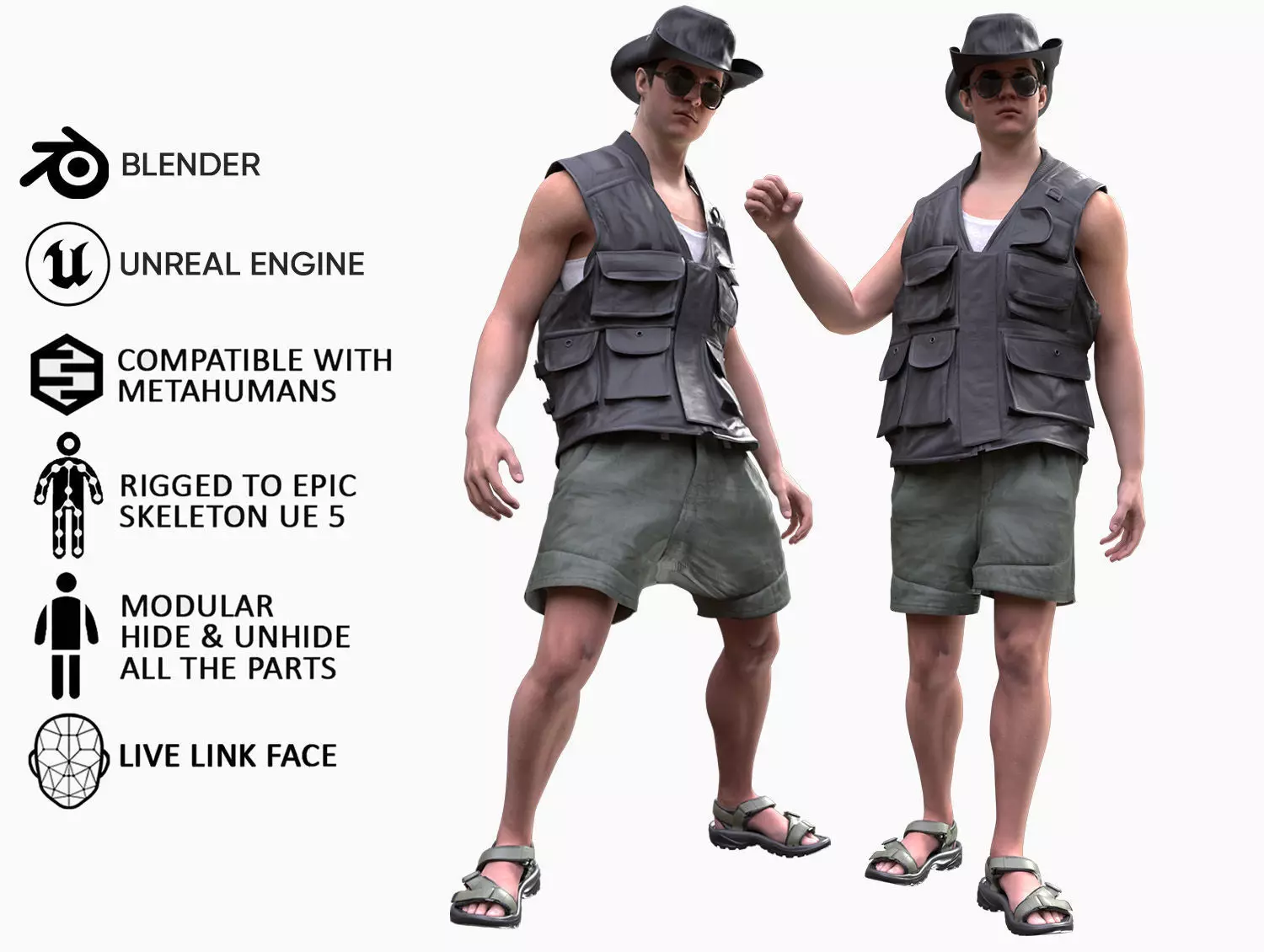 Man - Summer Outfit 13 - Modular - Rigged Low-poly 3D model_0