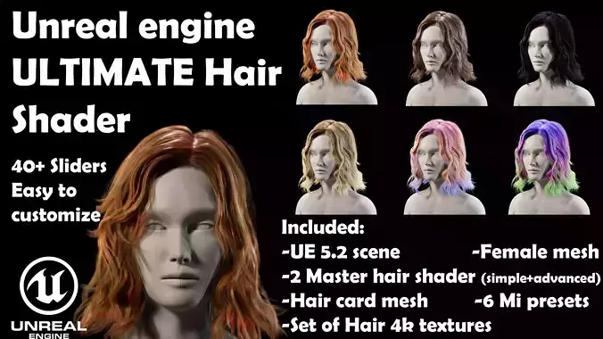 Unreal Enigine Ultimate Hair Shader Low-poly 3D model