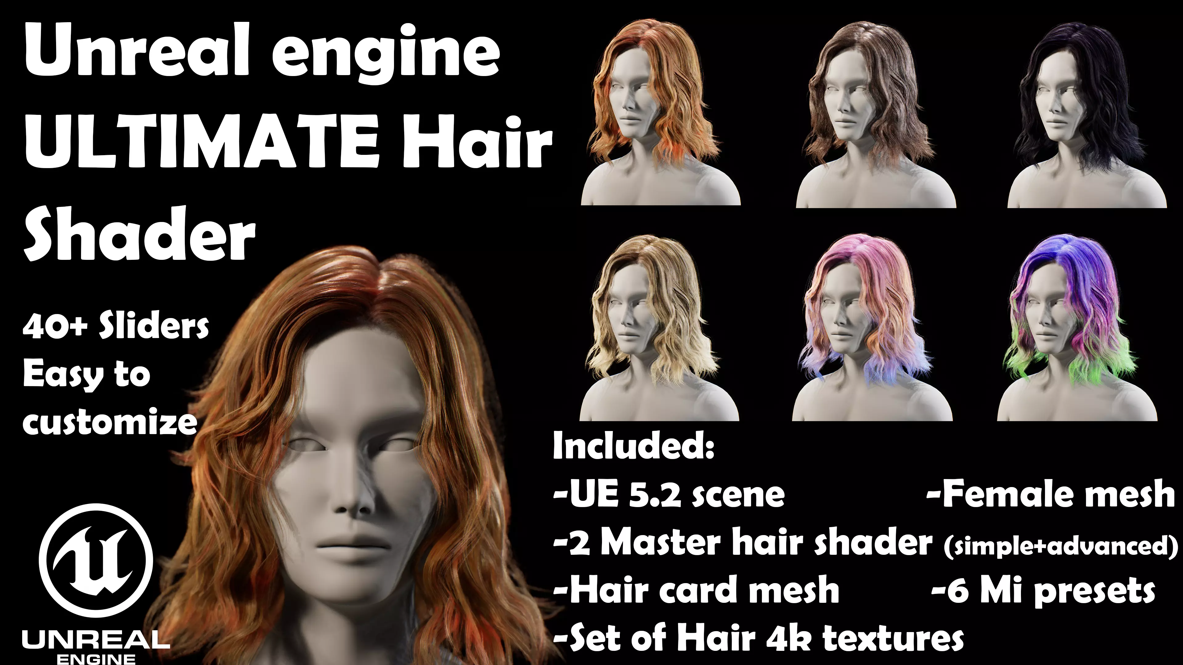 Unreal Enigine Ultimate Hair Shader Low-poly 3D model_0