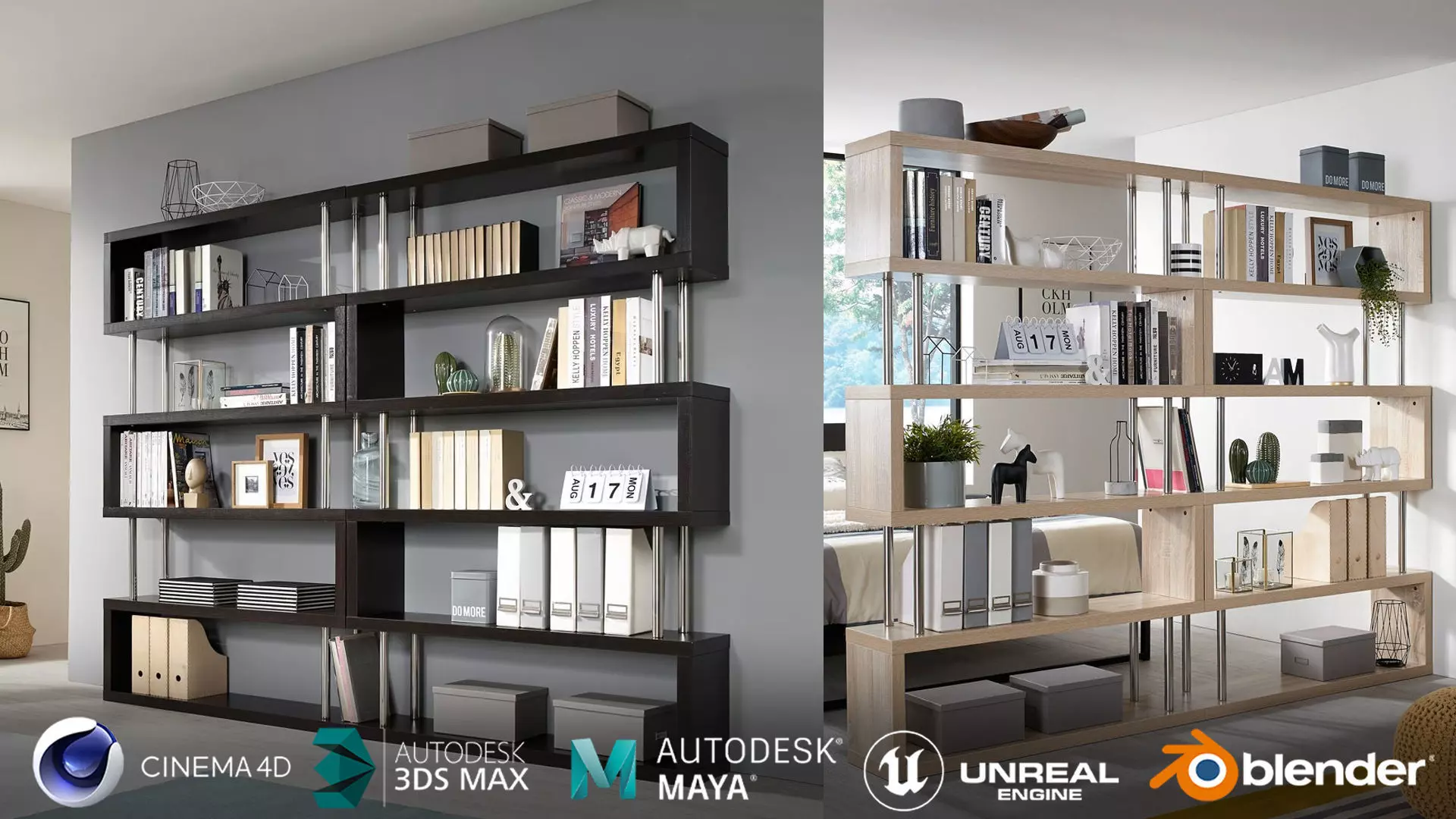 Wide bookshelf  3D model_0