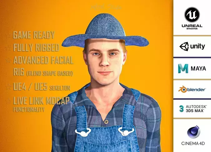 High Quality Realistic Farmer Man Low-poly 3D model