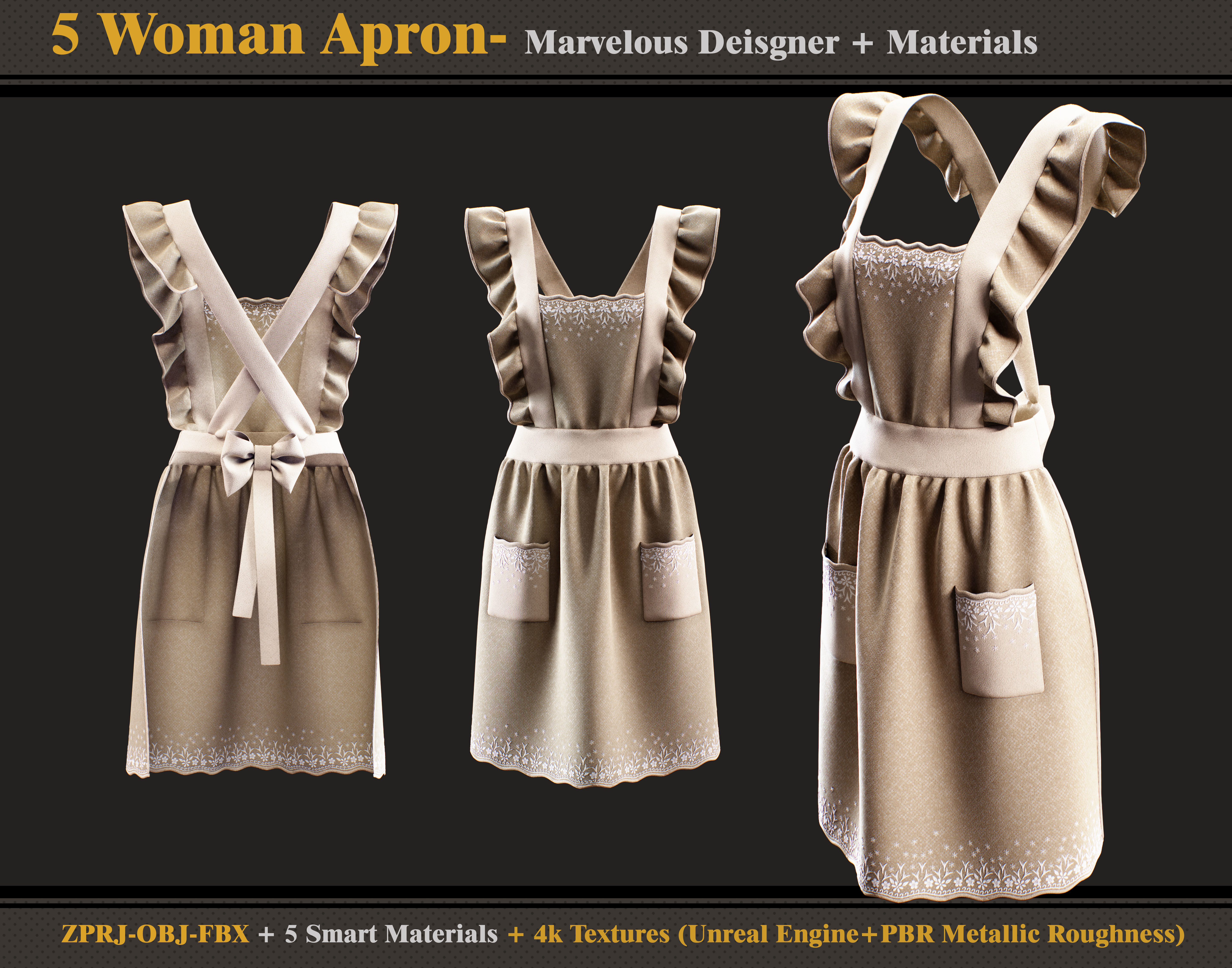 5 Woman Aprons -Marvelous Designer-OBJ-FBX-Materials- Textures 3D model_1