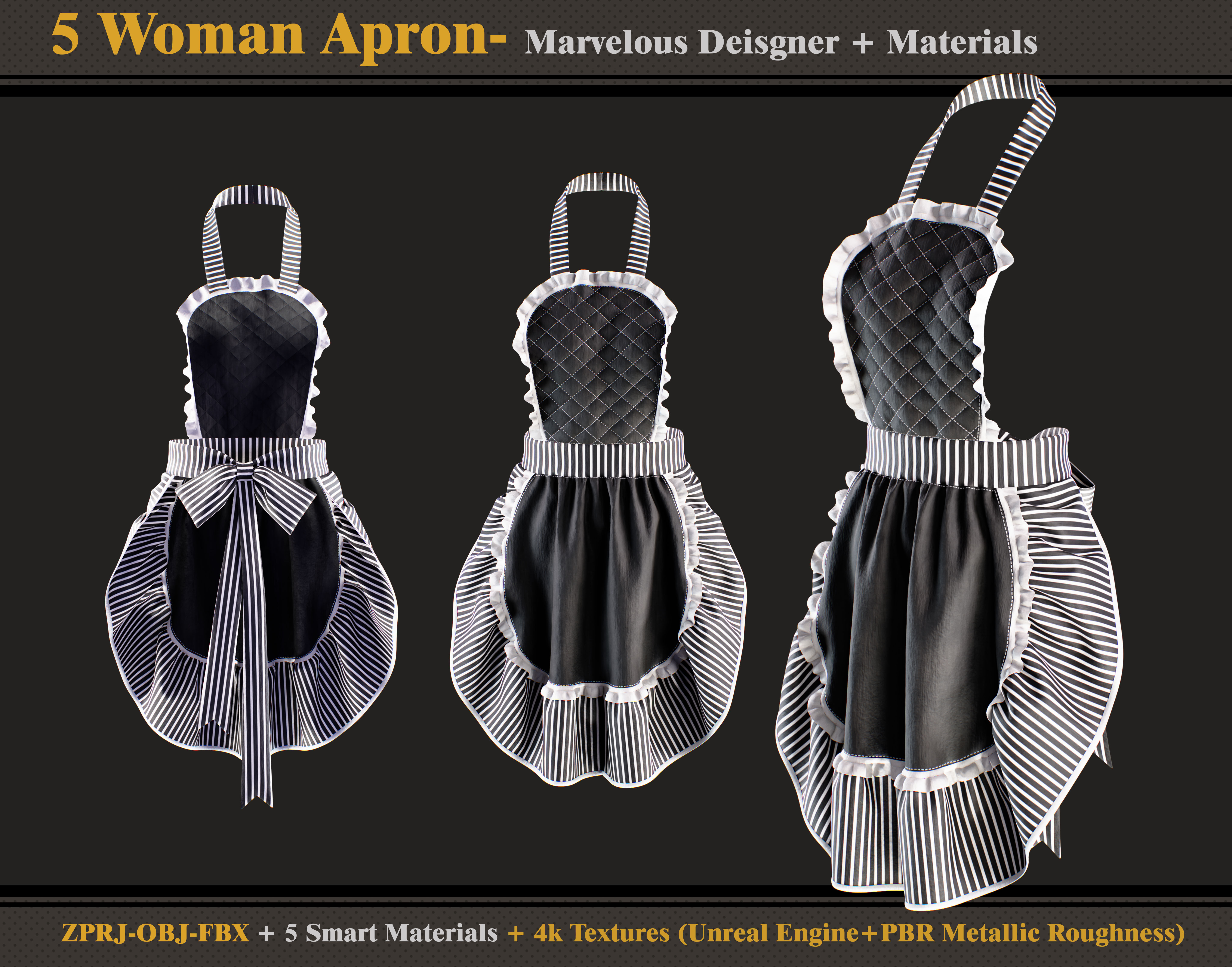 5 Woman Aprons -Marvelous Designer-OBJ-FBX-Materials- Textures 3D model_3