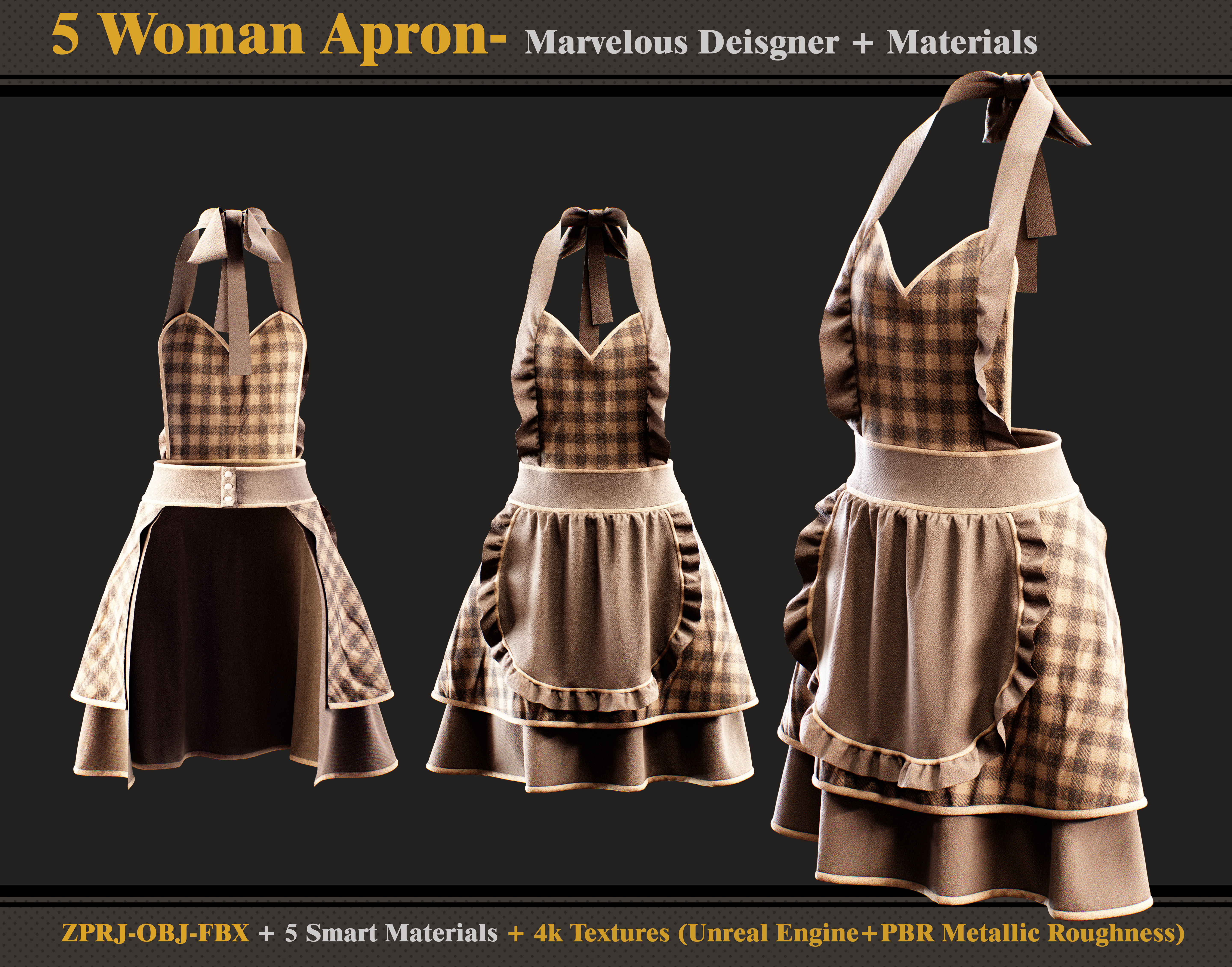 5 Woman Aprons -Marvelous Designer-OBJ-FBX-Materials- Textures 3D model_4