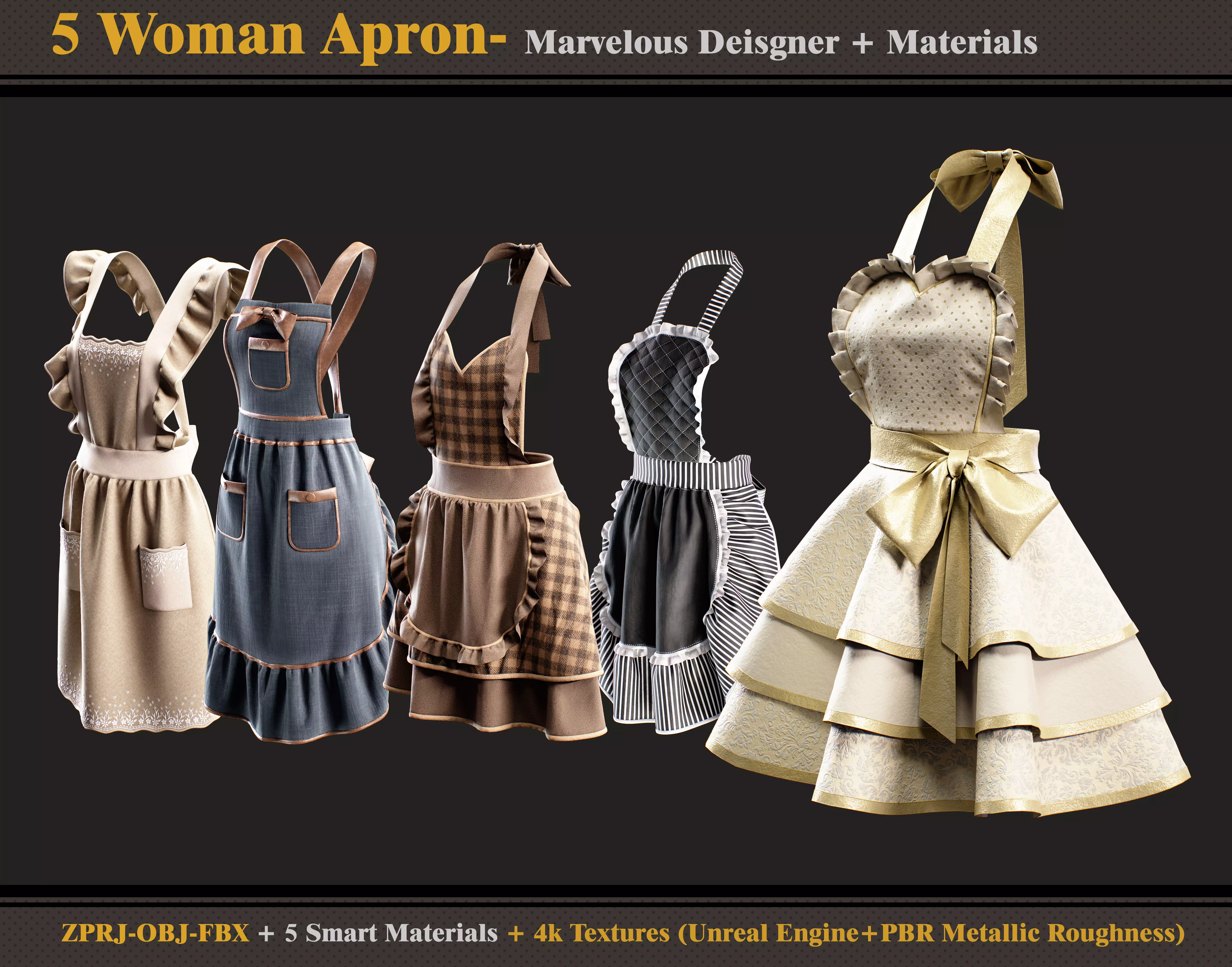 5 Woman Aprons -Marvelous Designer-OBJ-FBX-Materials- Textures 3D model_0