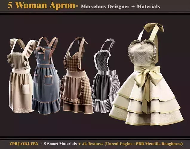 5 Woman Aprons -Marvelous Designer-OBJ-FBX-Materials- Textures