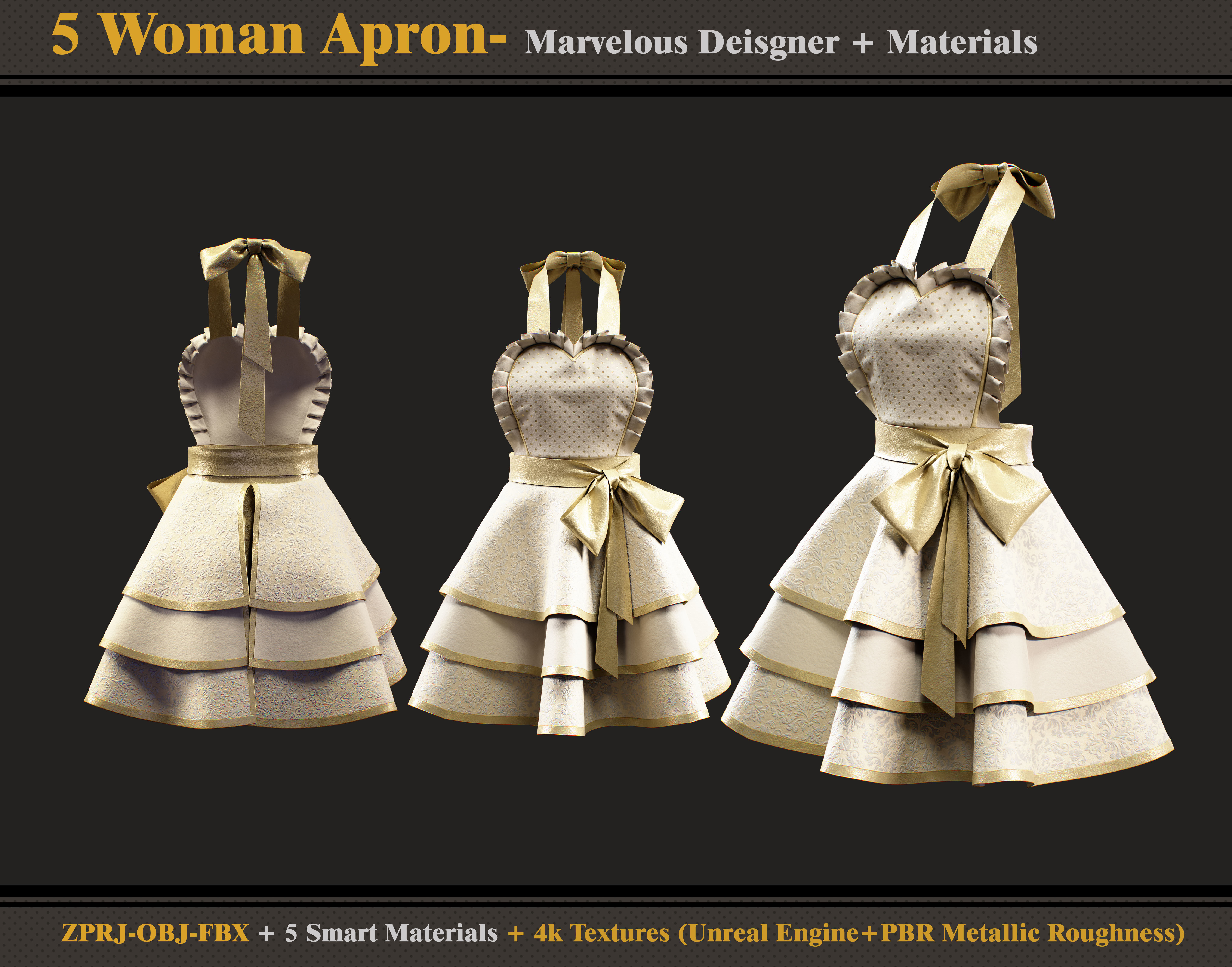 5 Woman Aprons -Marvelous Designer-OBJ-FBX-Materials- Textures 3D model_5