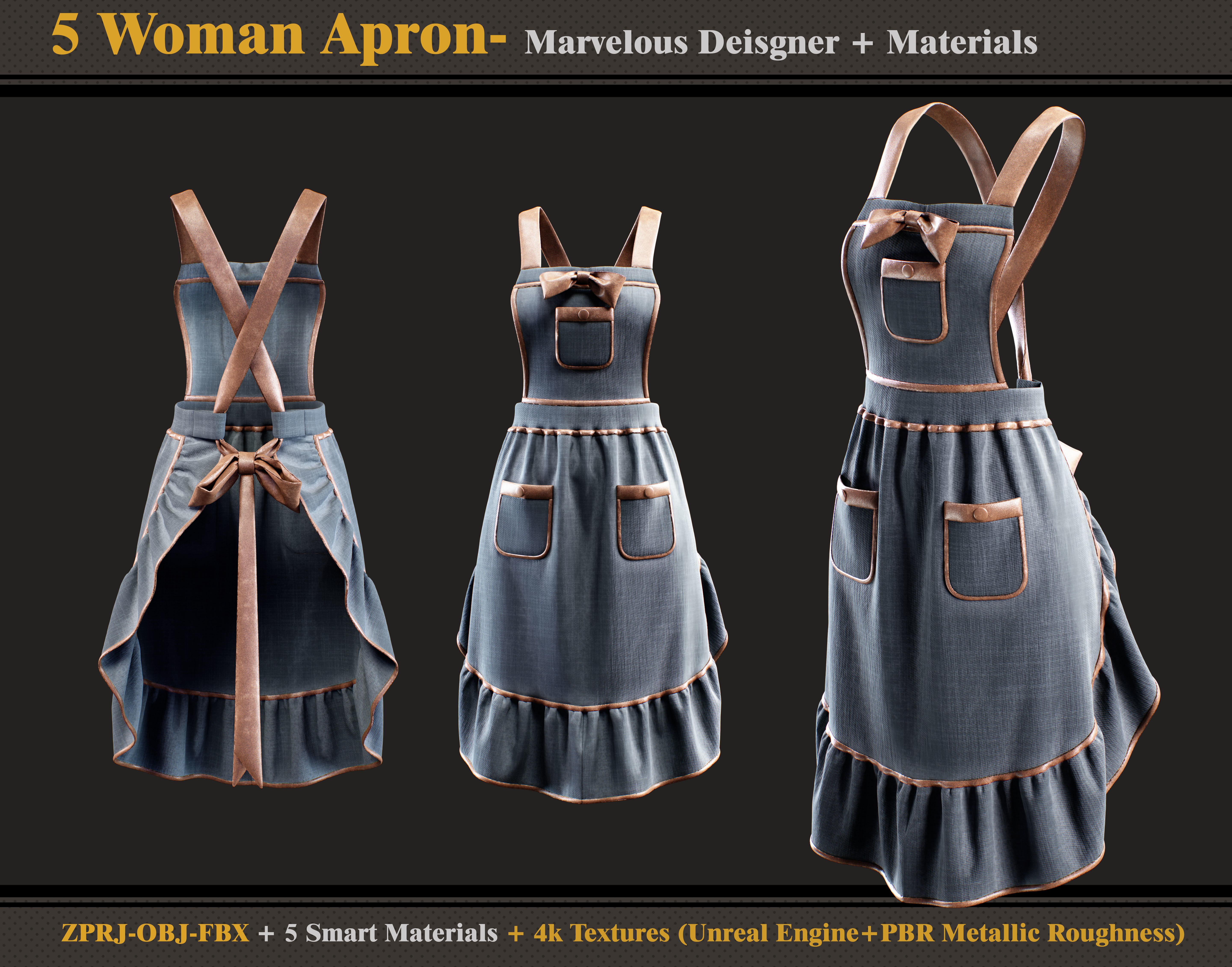 5 Woman Aprons -Marvelous Designer-OBJ-FBX-Materials- Textures 3D model_2