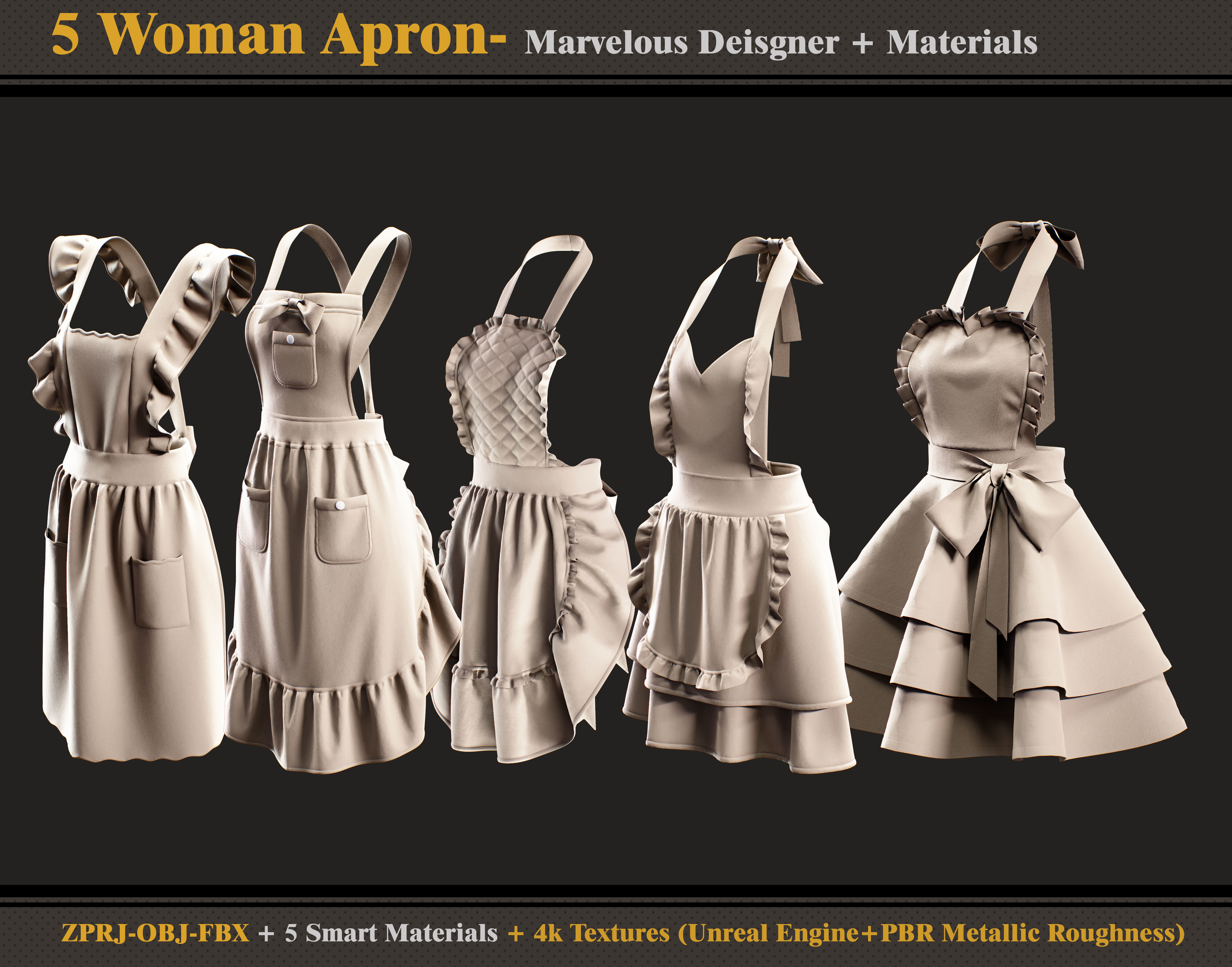 5 Woman Aprons -Marvelous Designer-OBJ-FBX-Materials- Textures 3D model_6
