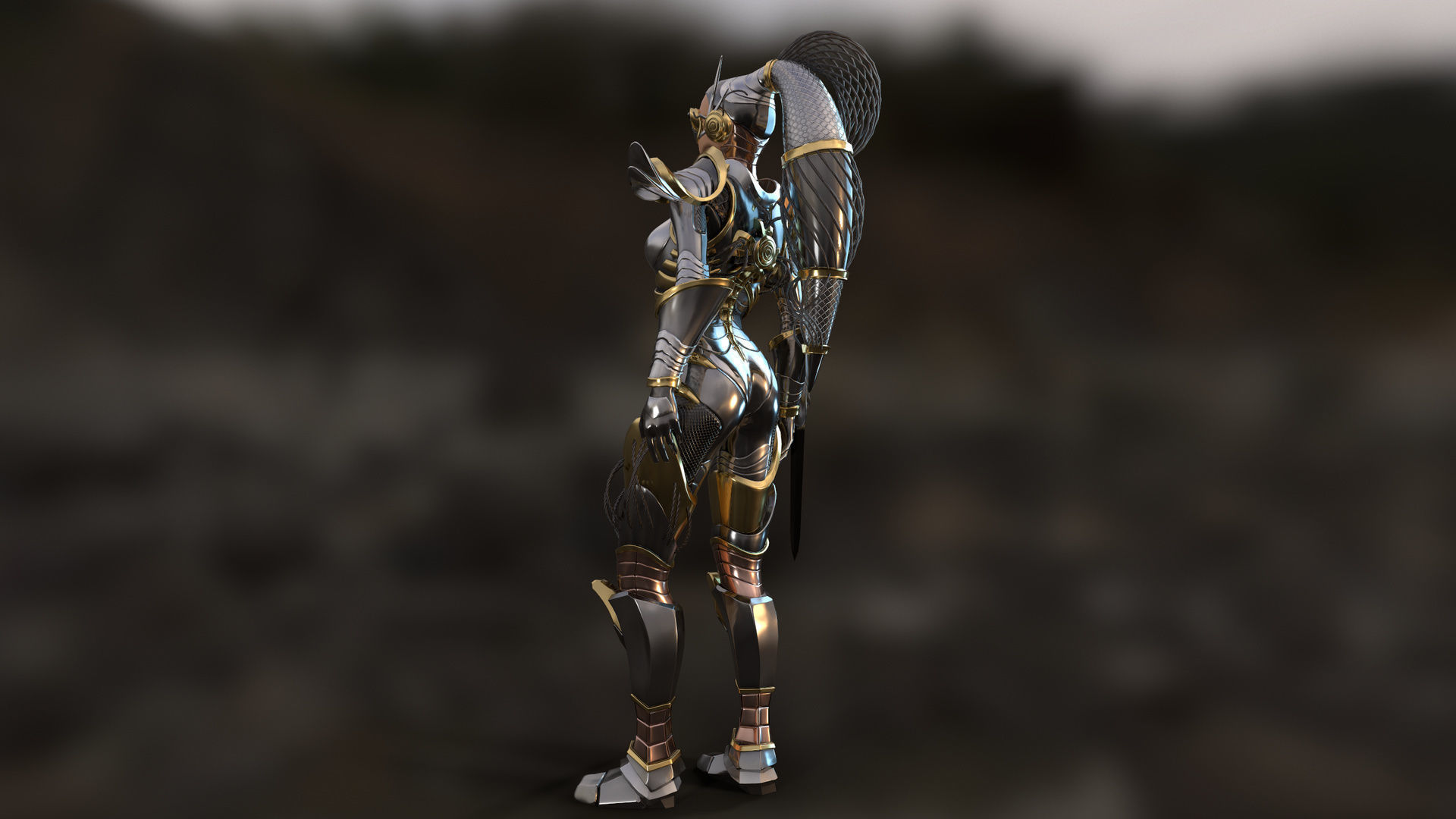 Sci-Fi Girl Ponytail Low-poly 3D model_4