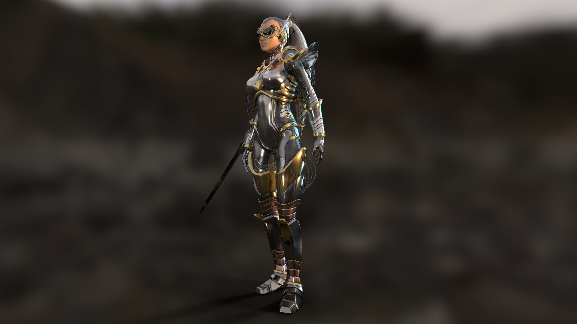 Sci-Fi Girl Ponytail Low-poly 3D model_5