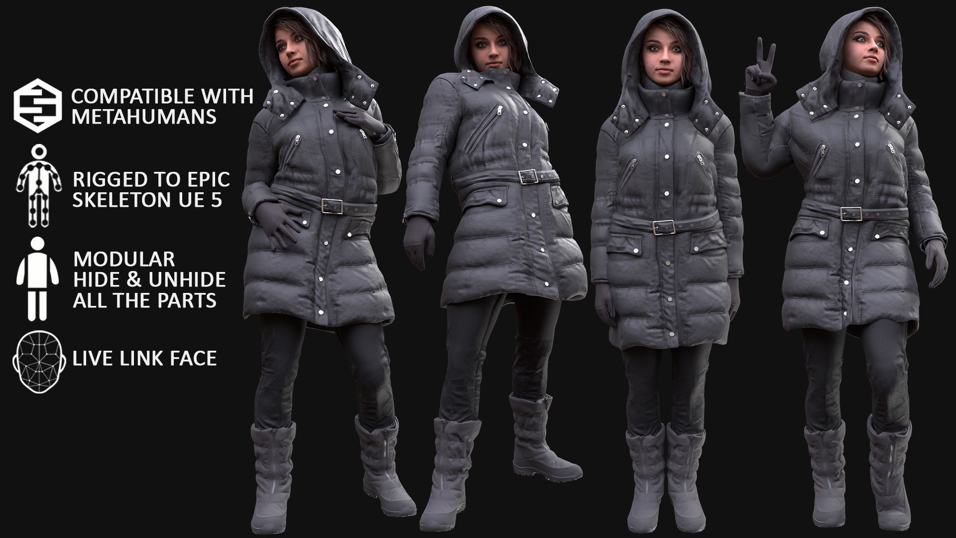 Woman - Winter Outfit 5 - Modular - Rigged Low-poly 3D model_3