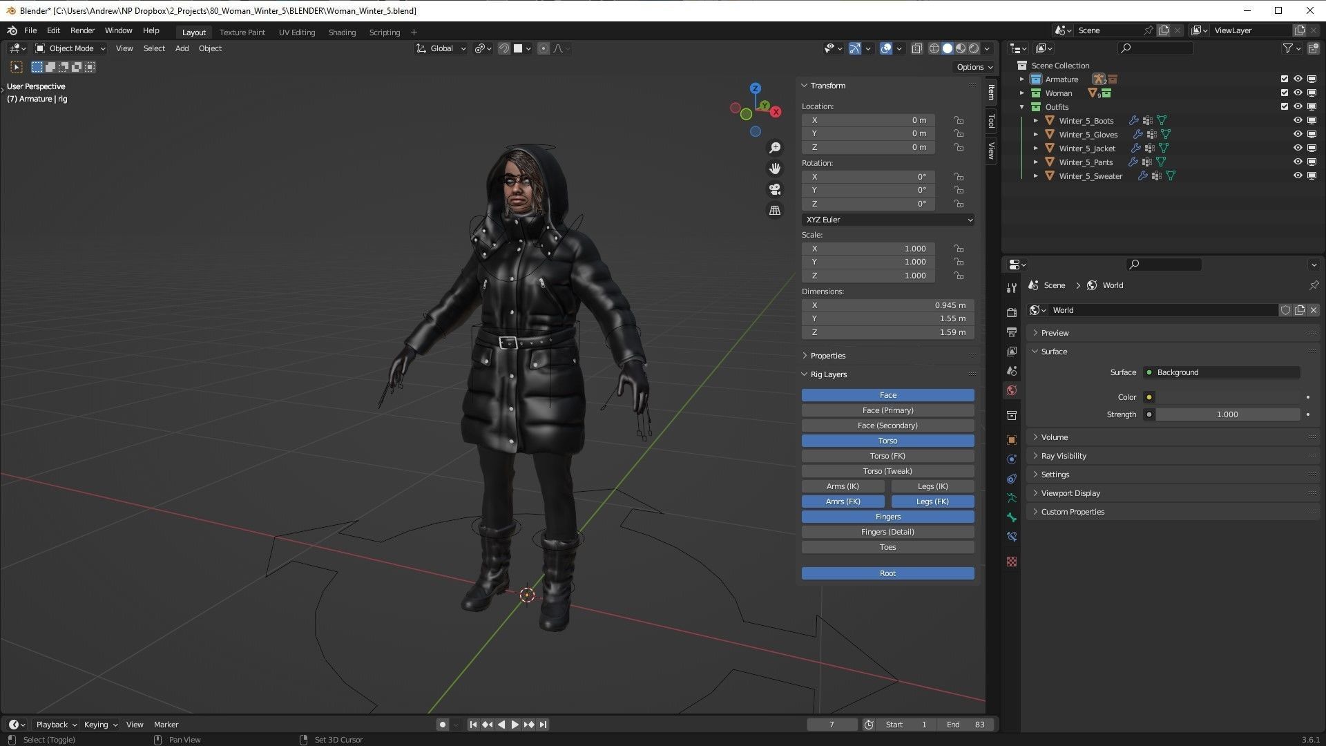 Woman - Winter Outfit 5 - Modular - Rigged Low-poly 3D model_6