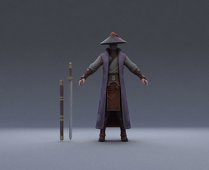Ancient Asians people  warrior swordsman Low-poly 3D model_3