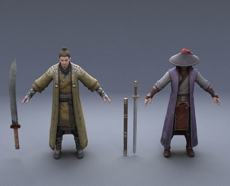 Ancient Asians people  warrior swordsman Low-poly 3D model_2