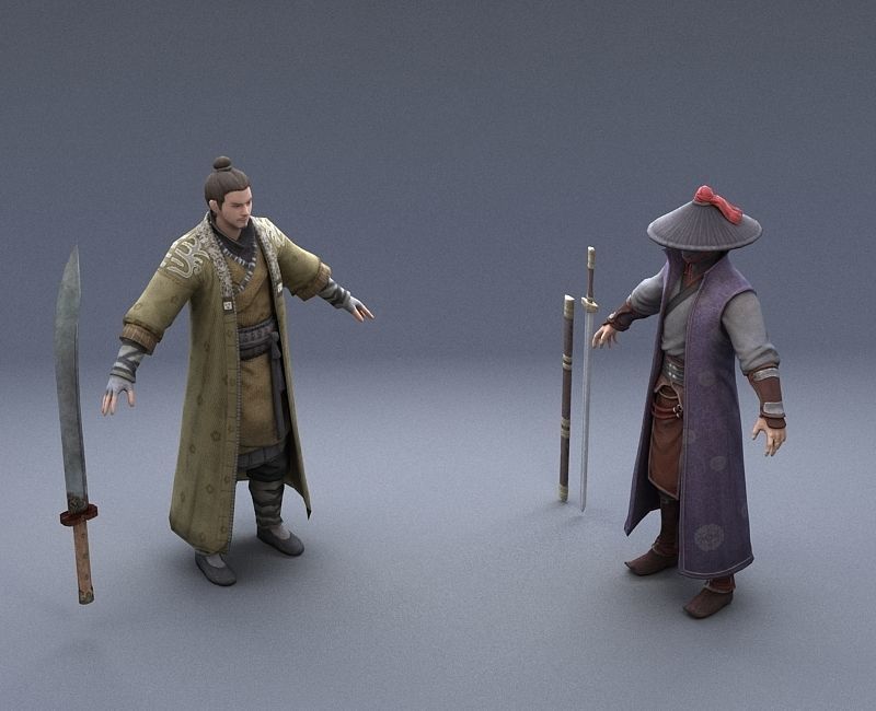 Ancient Asians people  warrior swordsman Low-poly 3D model_1