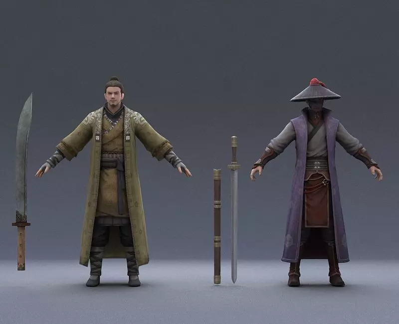 Ancient Asians people  warrior swordsman Low-poly 3D model_0